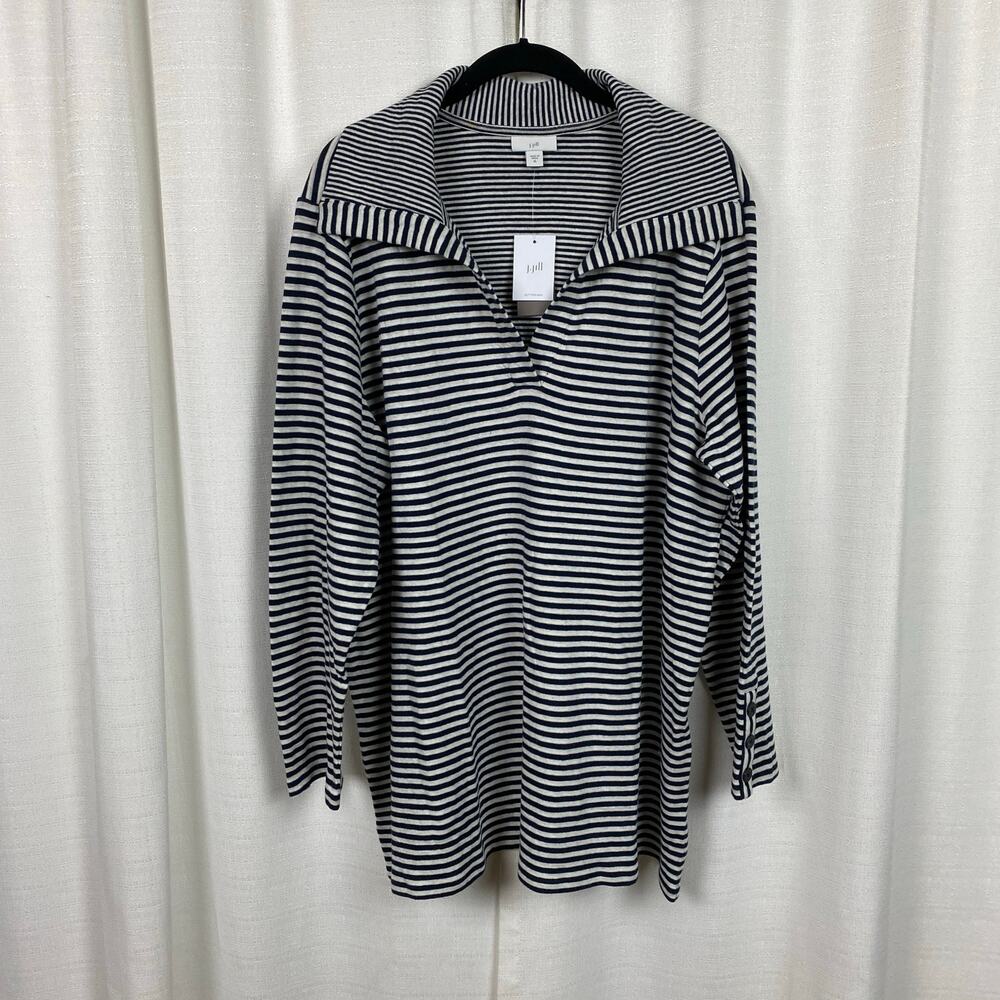 J.Jill Navy Blue&White Stripe Long Sleeve Collar Popover Blouse Tunic Sz.XL NWT
